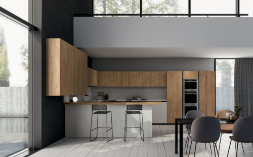 Cucine - Cucine moderne - cucina con gola - Gentili Group - Time gola - melaminico quercia miele - melaminico cemento nebbia - top laminato cemento nebbia