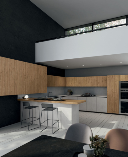 Cucine - Cucine moderne - cucina con gola - Gentili Group - Time gola - melaminico quercia miele - melaminico cemento nebbia - top laminato cemento nebbia