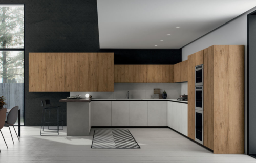 Cucine - Cucine moderne - cucina con gola - Gentili Group - Time gola - melaminico quercia miele - melaminico cemento nebbia - top laminato cemento nebbia