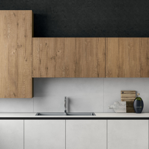 Cucine - Cucine moderne - cucina con gola - Gentili Group - Time gola - melaminico quercia miele - melaminico cemento nebbia - top laminato cemento nebbia