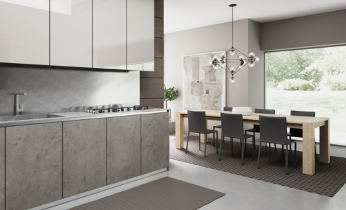 Cucine - cucine moderne - telaio alluminio - Gentili group - Time - vetro vulcanico lucido - laminam fokos roccia - top acciaio vintage